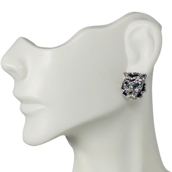 Betsey Johnson Snow Leopard Head Crystal Stud Earrings .5" Magical Creature - Picture 13 of 16